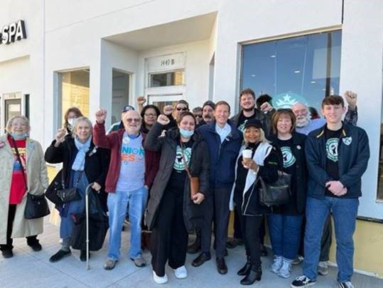 Blumenthal joined a Starbucks Solidarity Sip-in in West Hartford. 
